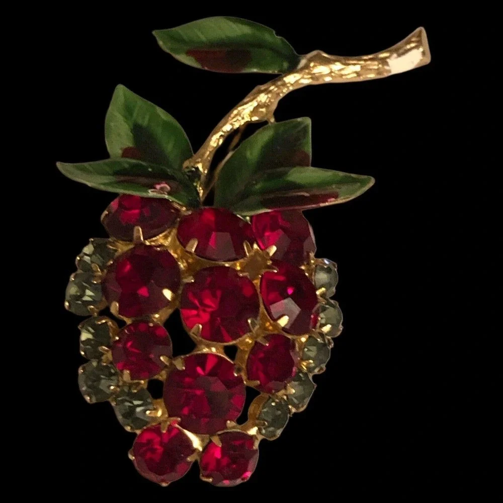 VTG Hobe 1965 Red Green Enameled Leaf Berries Rhinestone Brooch Earrings SET